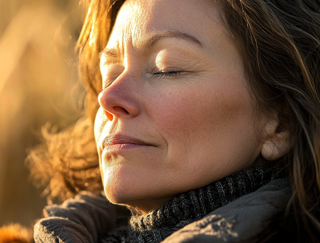 Eine Frau mit geschlossenen Augen.