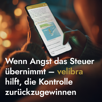 Ein Smartphone in einer Hand, auf dem die velibra-App geöffnet ist.